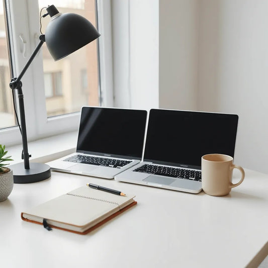 Two open budget laptops on a minimal desk in a bright home office for everyday work and study