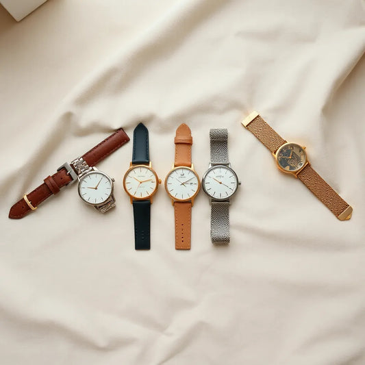 Assorted women’s wristwatches with different straps and dial styles arranged on a neutral fabric background