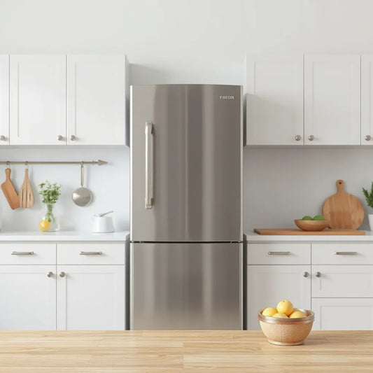 Modern refrigerator in a bright, uncluttered kitchen with neutral cabinetry and soft daylight