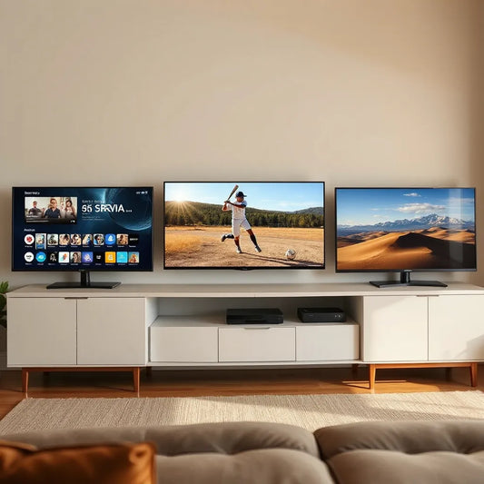 Three 65-inch class TVs in a modern living room showing vivid 4K content