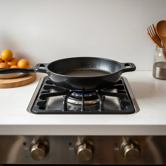 Cast iron pan resting securely on a cooktop support grate with steady, even contact