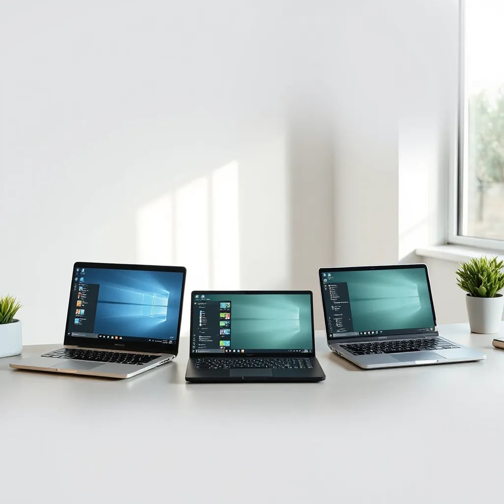 Three modern laptops on a tidy desk in soft natural light for productivity and work