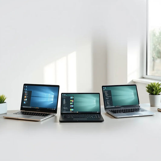 Three modern laptops on a tidy desk in soft natural light for productivity and work