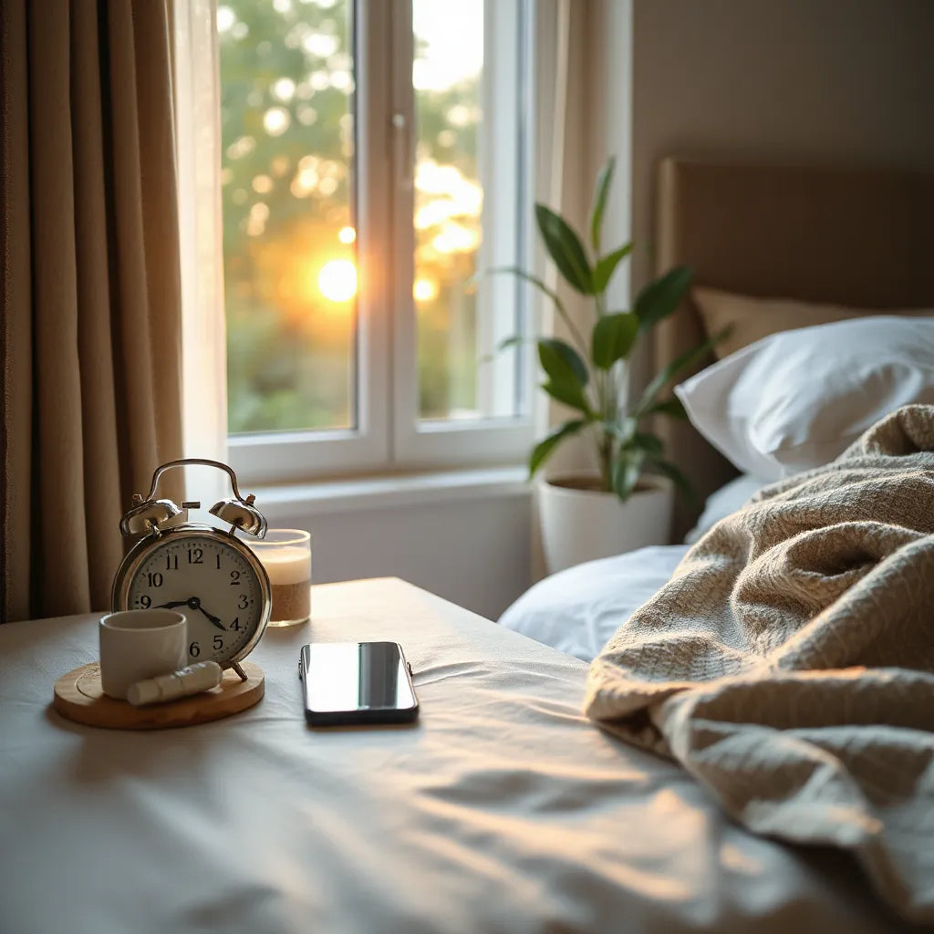 Bedside alarm clock and phone on a table with warm sunrise light for a smoother wake-up routine