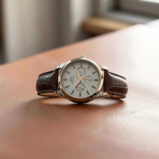 Elegant luxury wristwatch with a refined dial and leather strap on a minimalist surface
