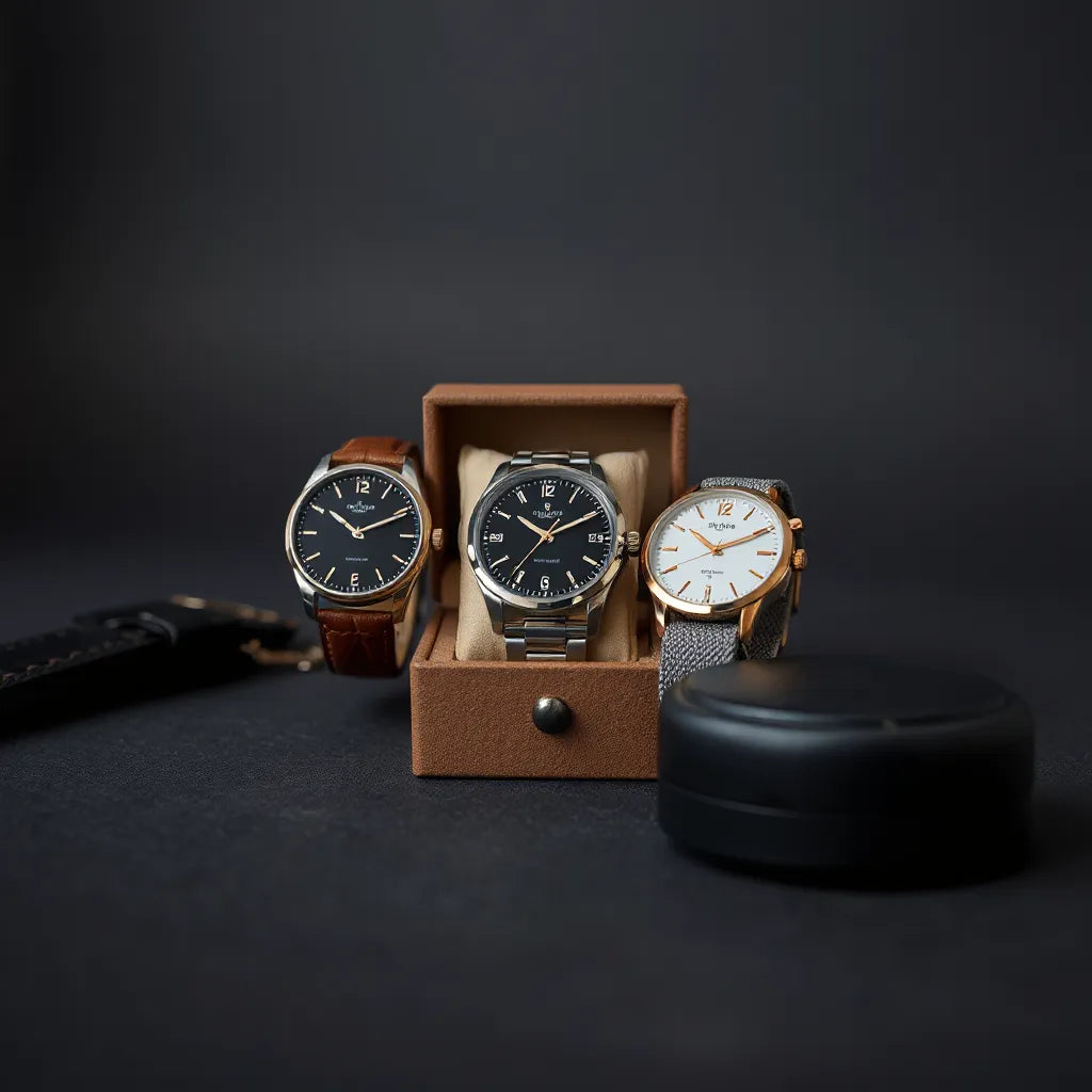 Several affordable luxury watches with leather and metal straps displayed on a dark tabletop with soft studio lighting.