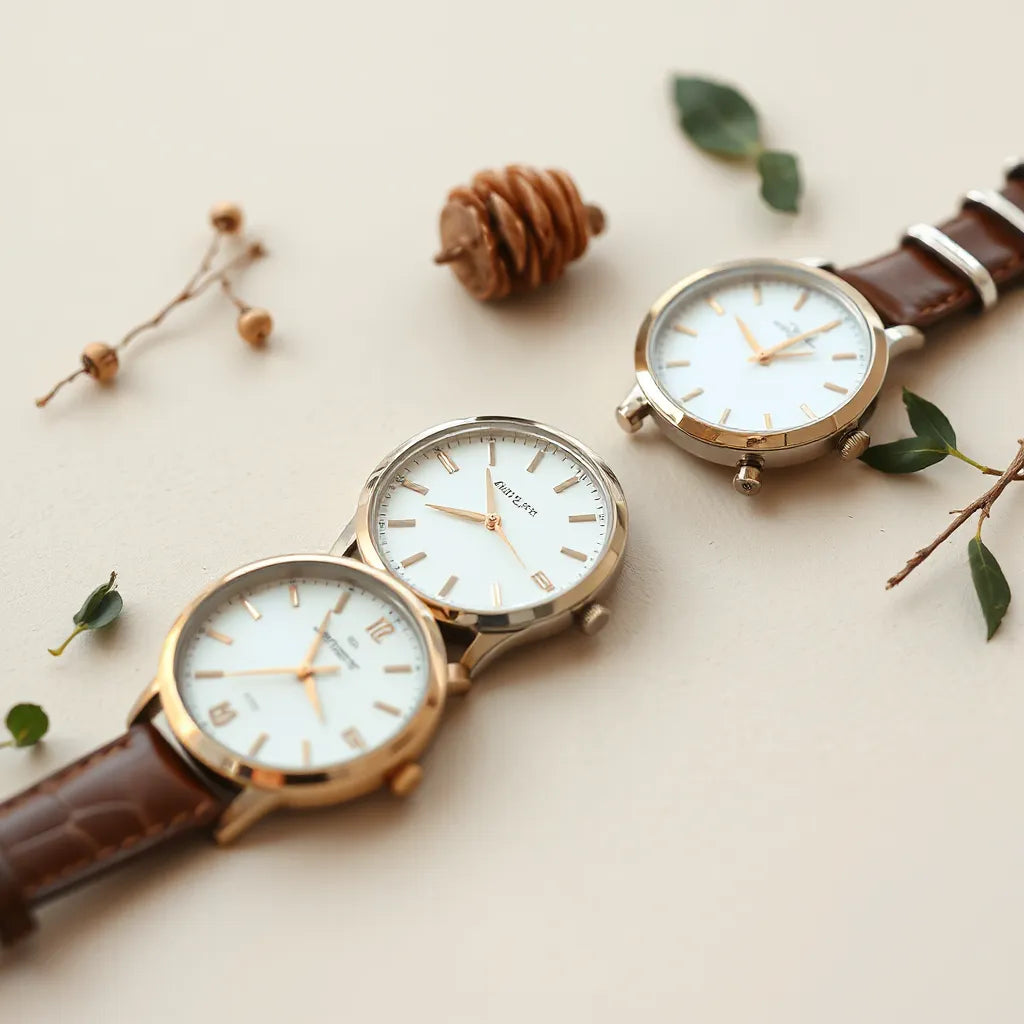 Assorted elegant women’s wrist watches with leather and metal straps on a neutral background