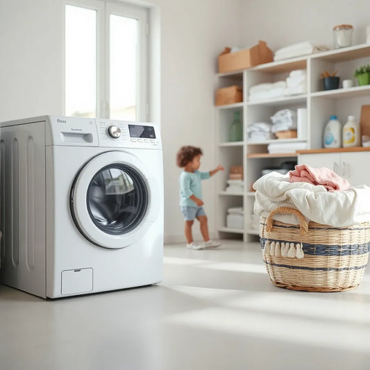 Front-loading washing machine with clean laundry and a child kept at a safe distance in a bright laundry room