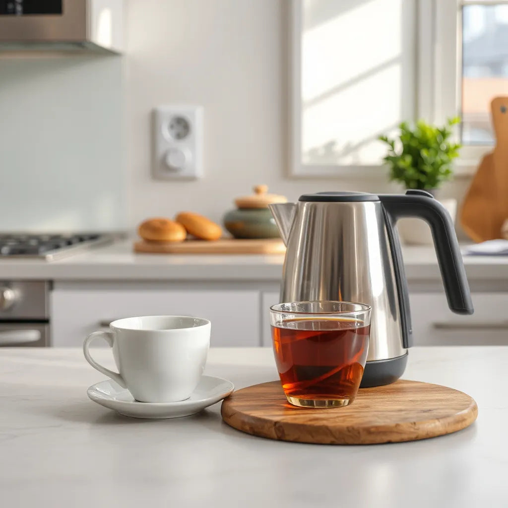 Modern stainless electric kettle on a kitchen counter with a cup of tea
