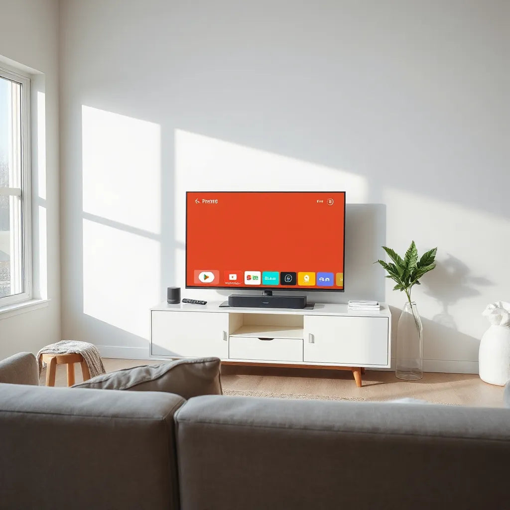 Slim flat-screen smart TV on a living room console with a bright streaming display