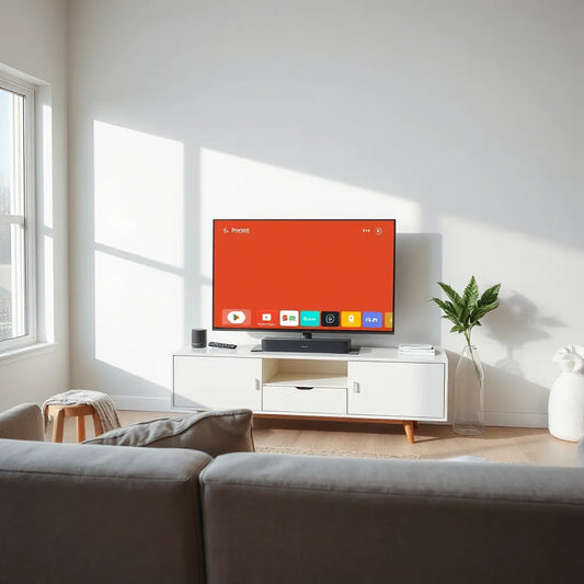 Slim flat-screen smart TV on a living room console with a bright streaming display