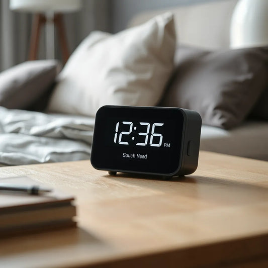Compact smart clock with a clear digital time display on a bedside table in a modern bedroom
