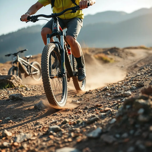 Mountain bike rider navigating a rocky trail on a loose dirt forest path