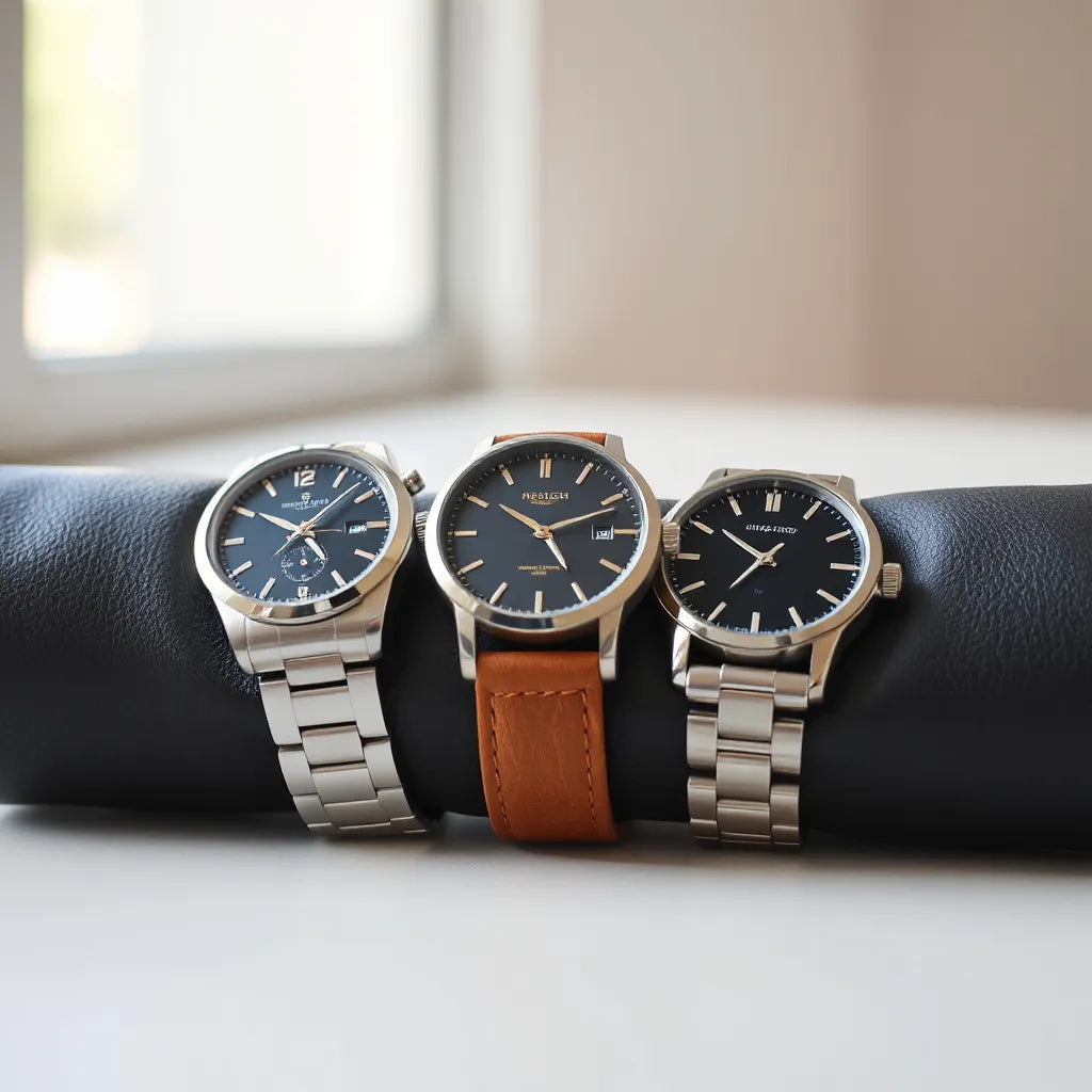 Three stylish men’s watches resting on a dark leather surface with soft natural light