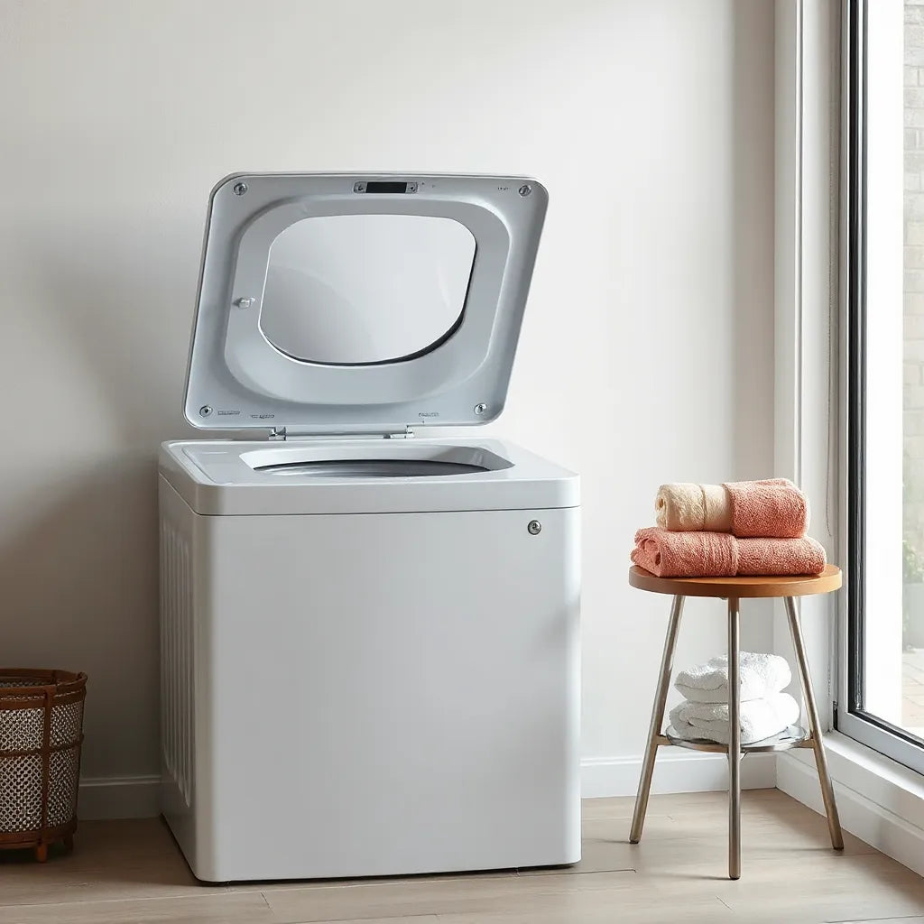 Modern top loading washing machine with lid open and clean towels in a bright laundry room