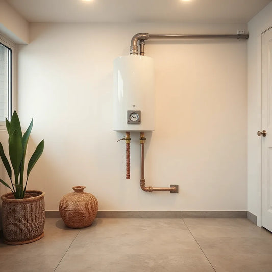 High-efficiency water heater in a clean utility room with connected pipes and warm lighting