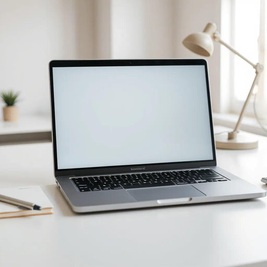 Modern laptop on a bright desk in a minimal home office setting