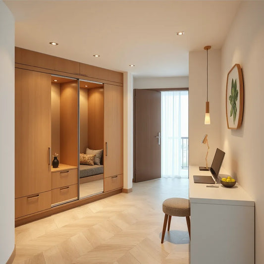 Built-in smart wardrobes in a bright 3 BHK apartment interior with sleek sliding doors and organized storage
