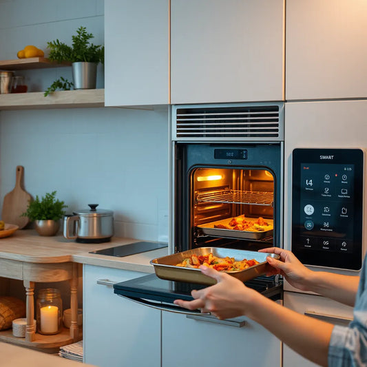 Modern wall oven with a smart kitchen screen interface and a tray being inserted for smart cooking