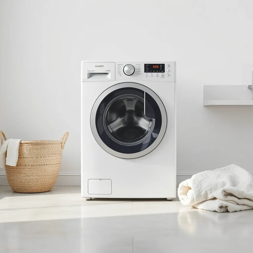Modern laundry room with a fully automatic washing machine and nearby laundry items