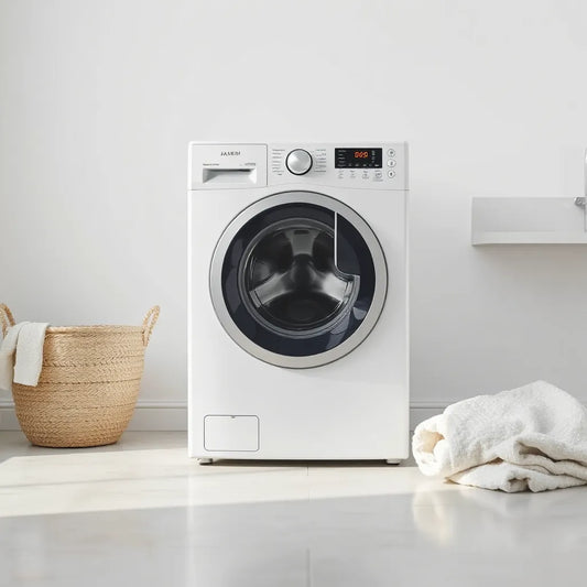 Modern laundry room with a fully automatic washing machine and nearby laundry items