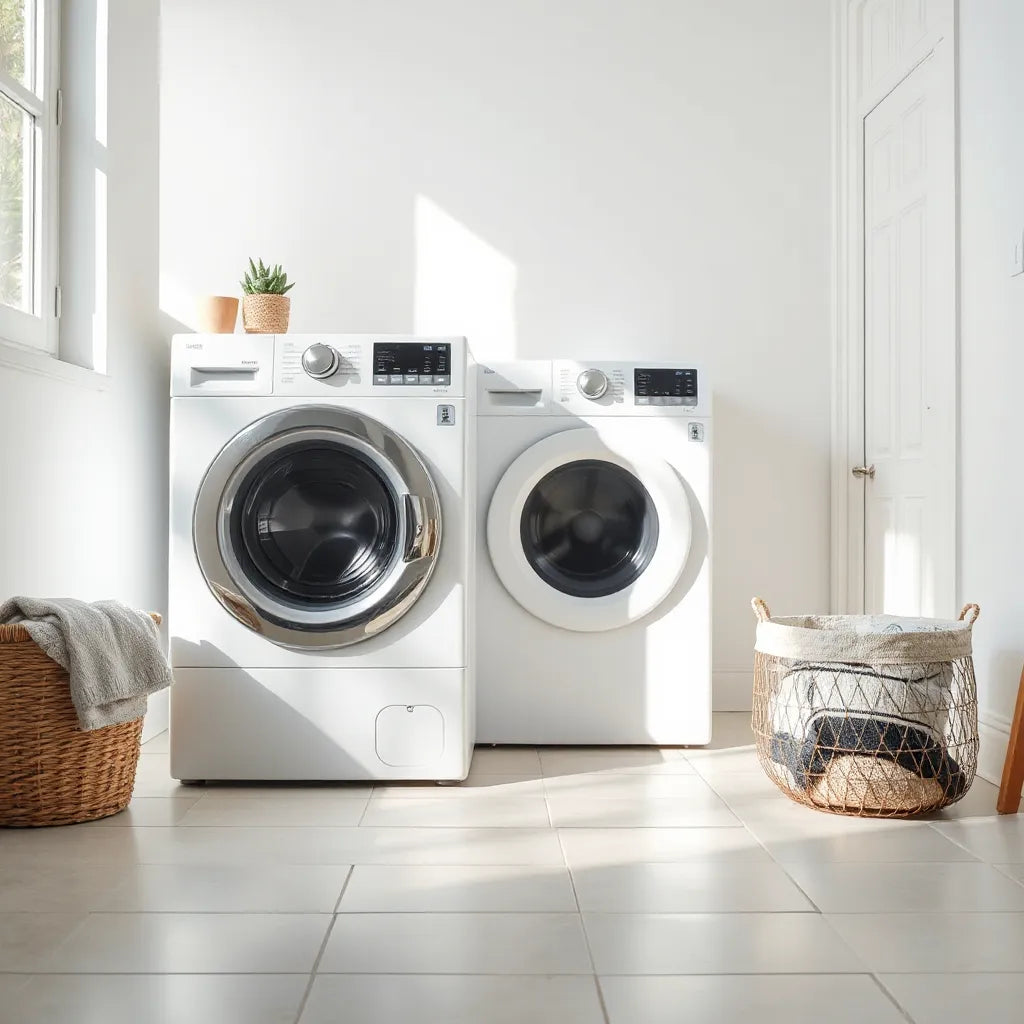 Modern front-load washing machine in a clean laundry room with natural light and a nearby laundry basket