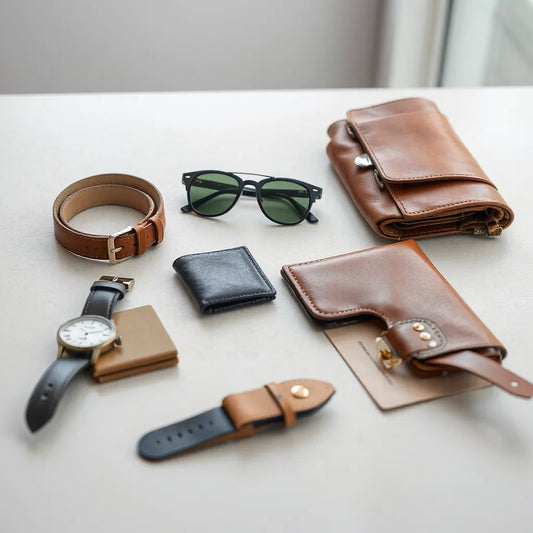 Leather belt, classic watch, wallet, sunglasses, and bag arranged neatly for a refined menswear look