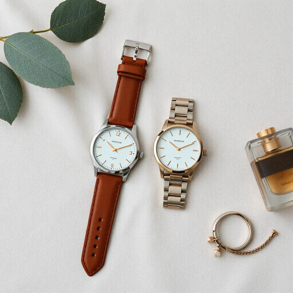 Elegant women’s wristwatches with leather and metal straps arranged on a soft neutral surface
