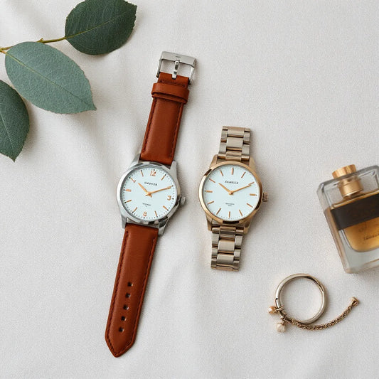 Elegant women’s wristwatches with leather and metal straps arranged on a soft neutral surface