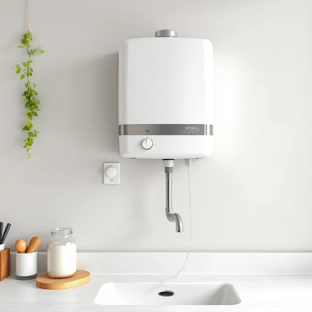 Wall-mounted electric geyser with safety controls and connected hot water pipe in a clean utility room