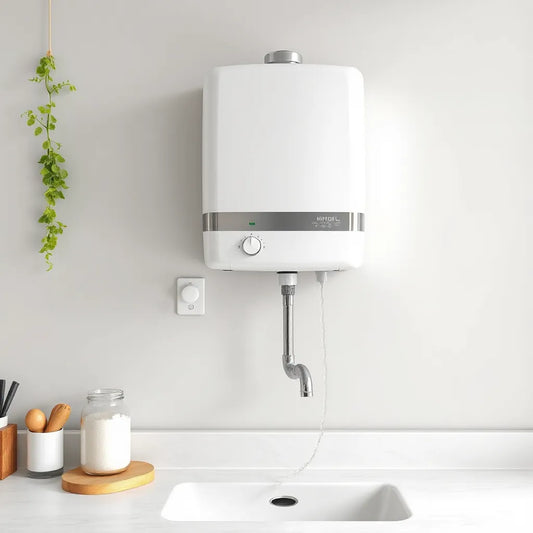 Wall-mounted electric geyser with safety controls and connected hot water pipe in a clean utility room