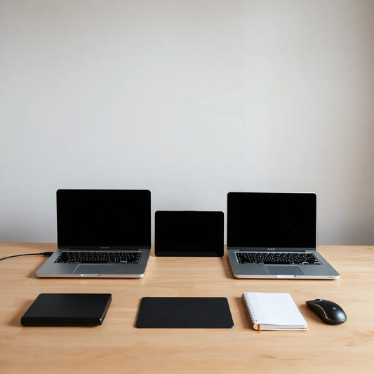 Three modern open laptops on a clean desk representing budget tiers