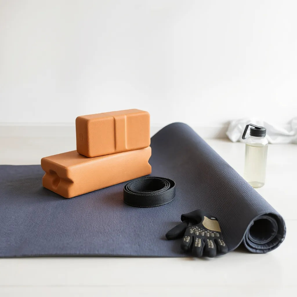 Neatly arranged yoga mat, blocks, and strap on a neutral floor with soft natural light