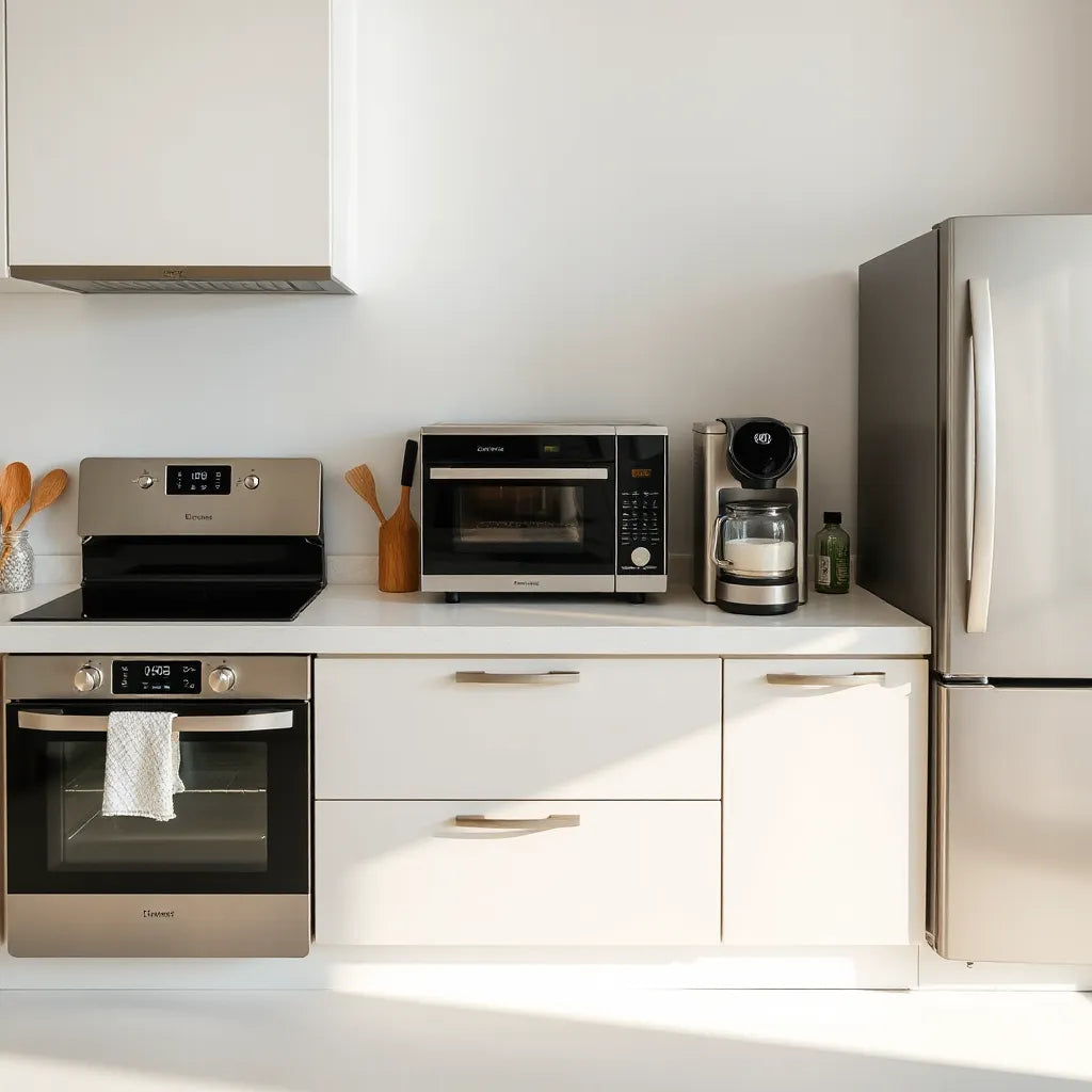 Modern kitchen with smart oven, induction cooktop, coffee machine, and subtle smart indicators