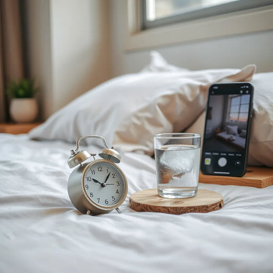 Modern alarm clock with a visible camera lens on a bedside table in soft morning light
