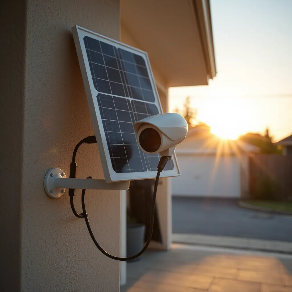 Solar panel powering an outdoor surveillance camera with visible cable routing.