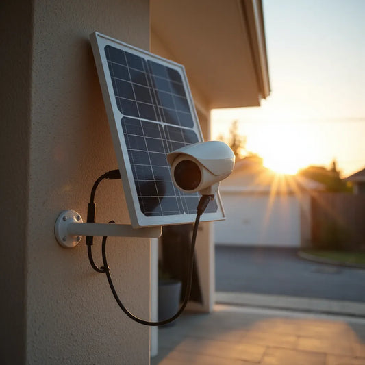 Solar panel powering an outdoor surveillance camera with visible cable routing.
