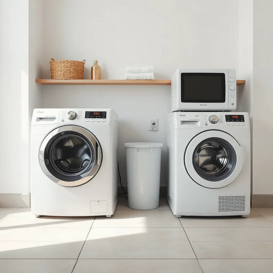 Multiple modern washing machines in a bright laundry room with neatly folded towels