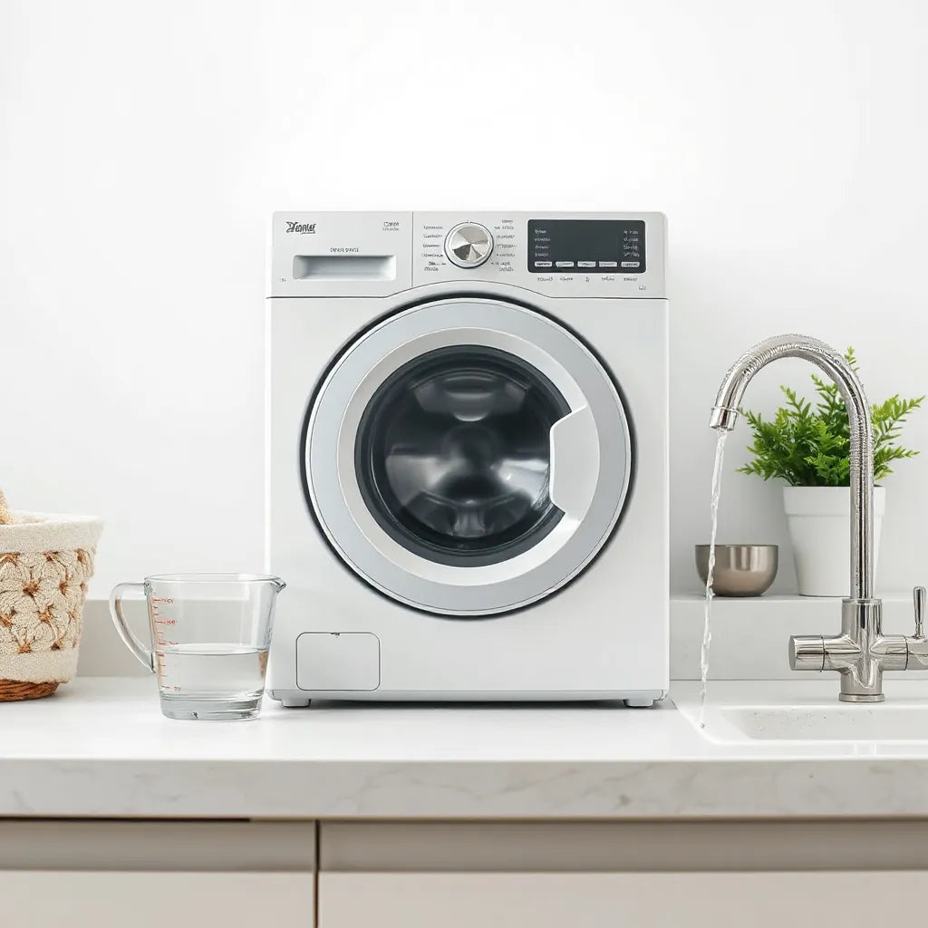 Front-loading washing machine running in a bright laundry room with reduced water flow near a measuring cup