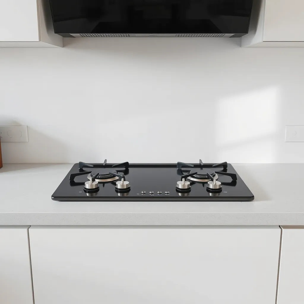 Modern four-burner gas hob on a clean countertop with visible burners and control knobs
