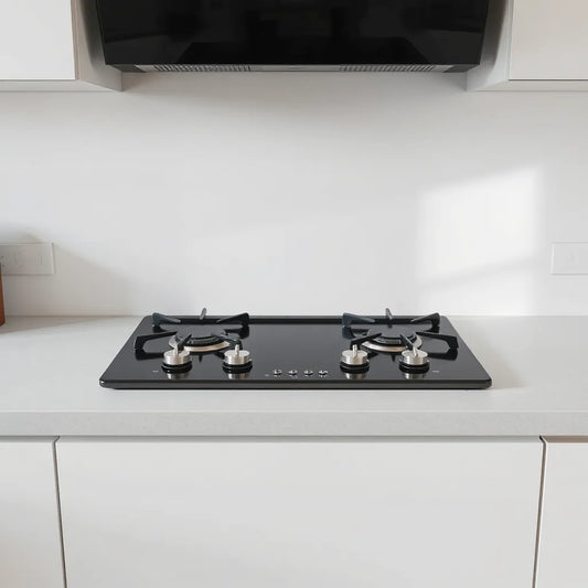 Modern four-burner gas hob on a clean countertop with visible burners and control knobs