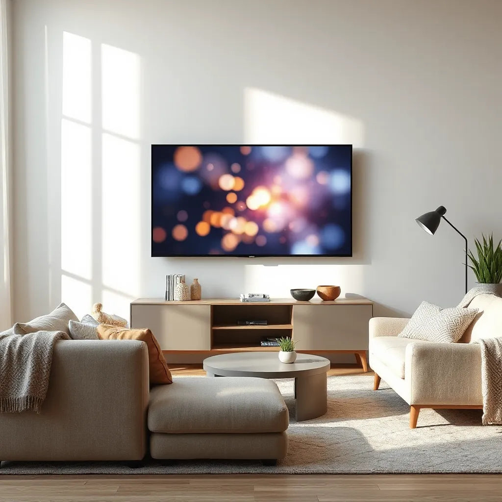 Slim flat-screen TV in a modern living room with warm cinematic lighting