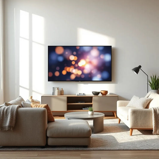 Slim flat-screen TV in a modern living room with warm cinematic lighting