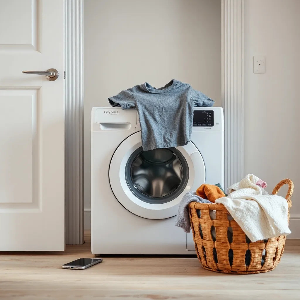 Modern washing machine with a cycle selector and neatly folded laundry in a bright laundry room