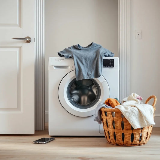 Modern washing machine with a cycle selector and neatly folded laundry in a bright laundry room