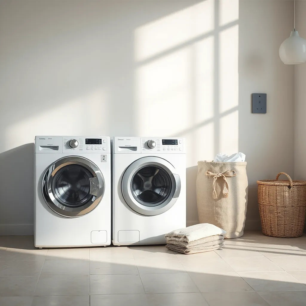 Two modern washing machines in a bright, minimal laundry room with clean folded laundry nearby