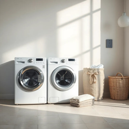 Two modern washing machines in a bright, minimal laundry room with clean folded laundry nearby