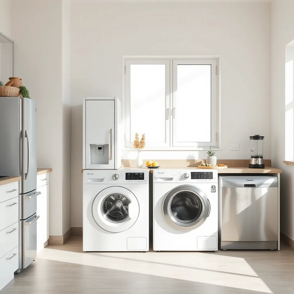 Modern kitchen and laundry area featuring key home appliances like a fridge, washing machine, and dishwasher.