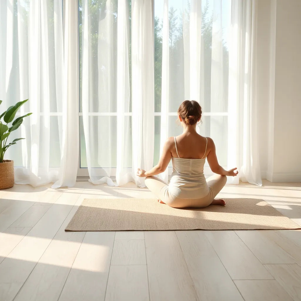 Person meditating beside a yoga mat in soft morning light for a calm, grounded practice.