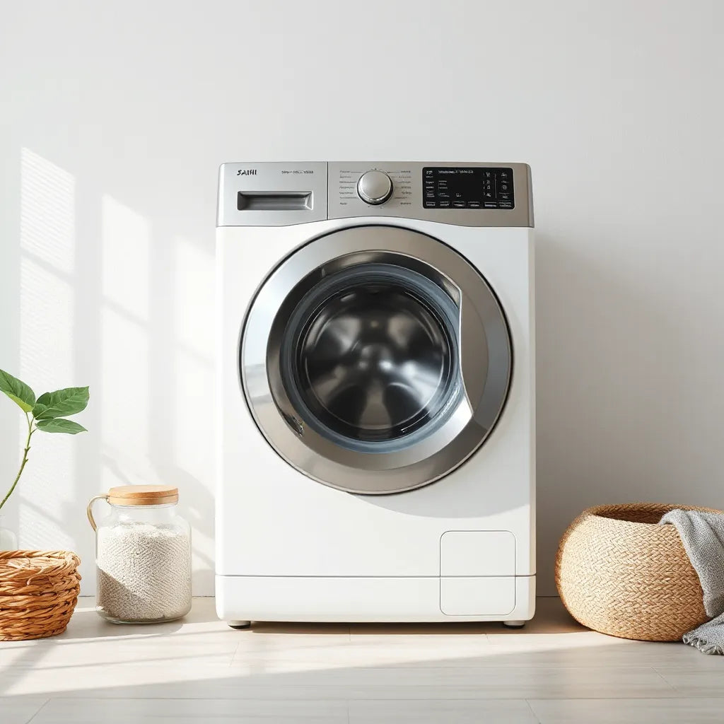 Front view of a stainless steel drum washing machine in a clean, modern laundry room